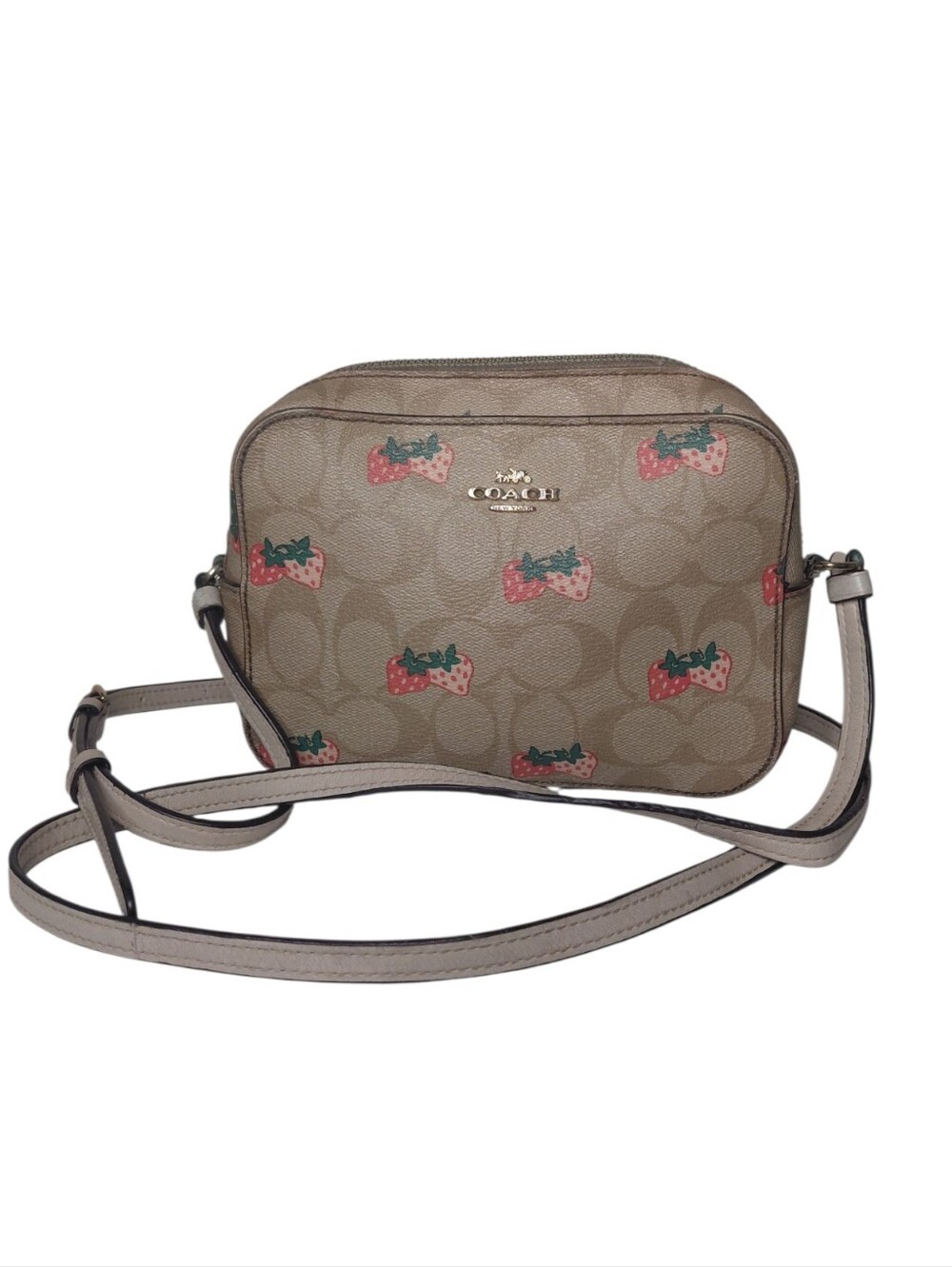 Coach Jaimie Mini Camera Bag Tan Crossbody Bag with Wild Strawberry Design